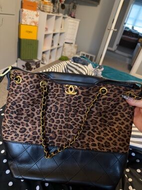 Leopard-Print Canvas and Black Leather Tote with Gold Chain